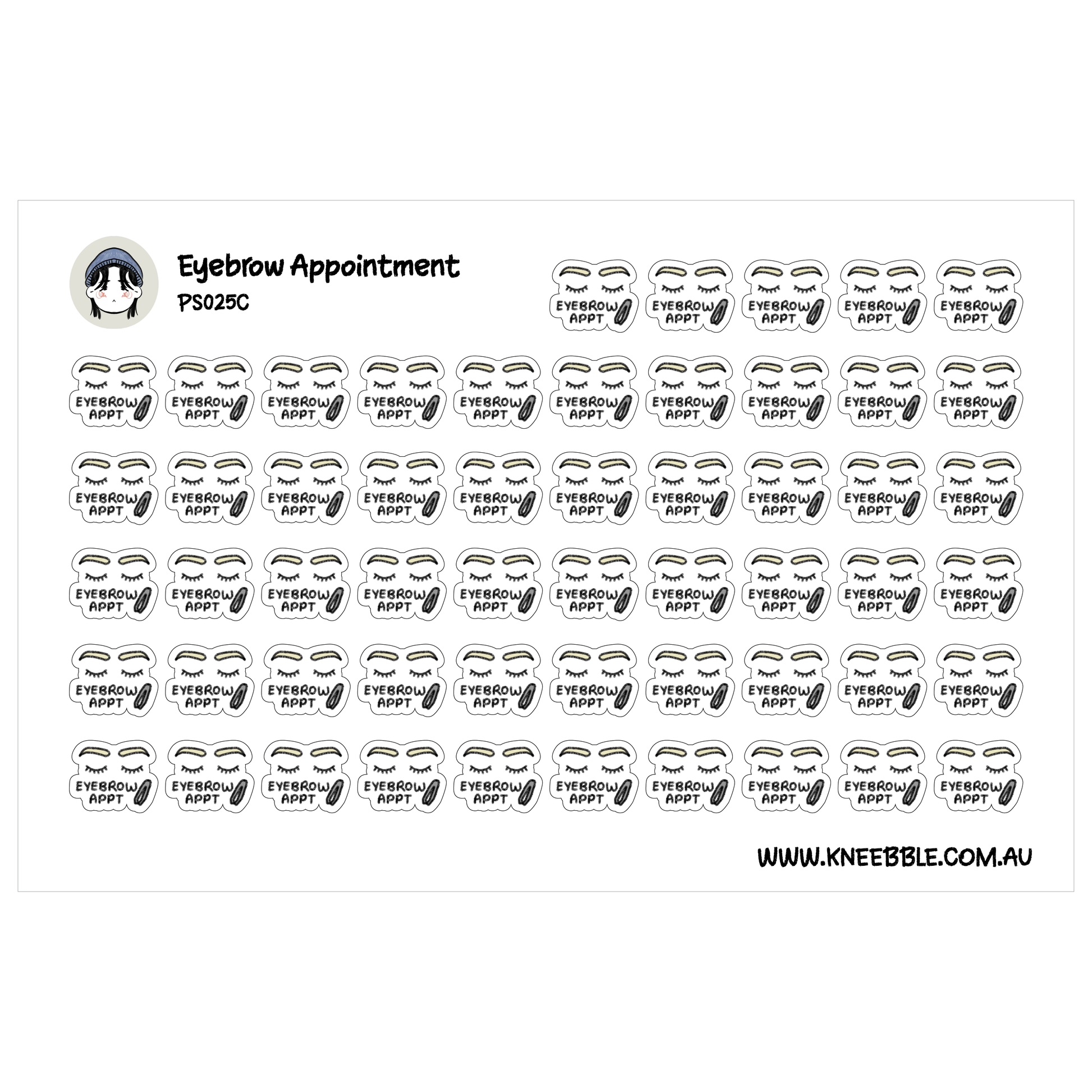a grid of identical stickers with the text "Eyebrow Appointment" and "Eyebrow Appointment" repeated across them.