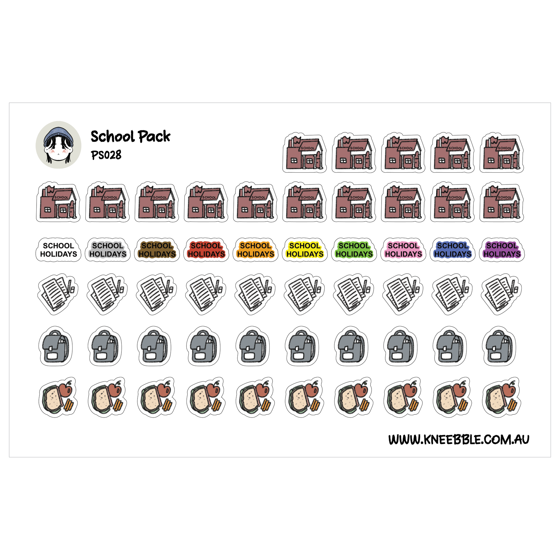 a collection of stickers depicting various school-related items and holidays, including school buildings, books, and food items.