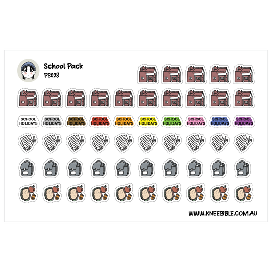 a collection of stickers depicting various school-related items and holidays, including school buildings, books, and food items.