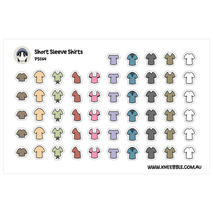 a collection of short sleeve shirts in various colors and styles, arranged in a grid format.