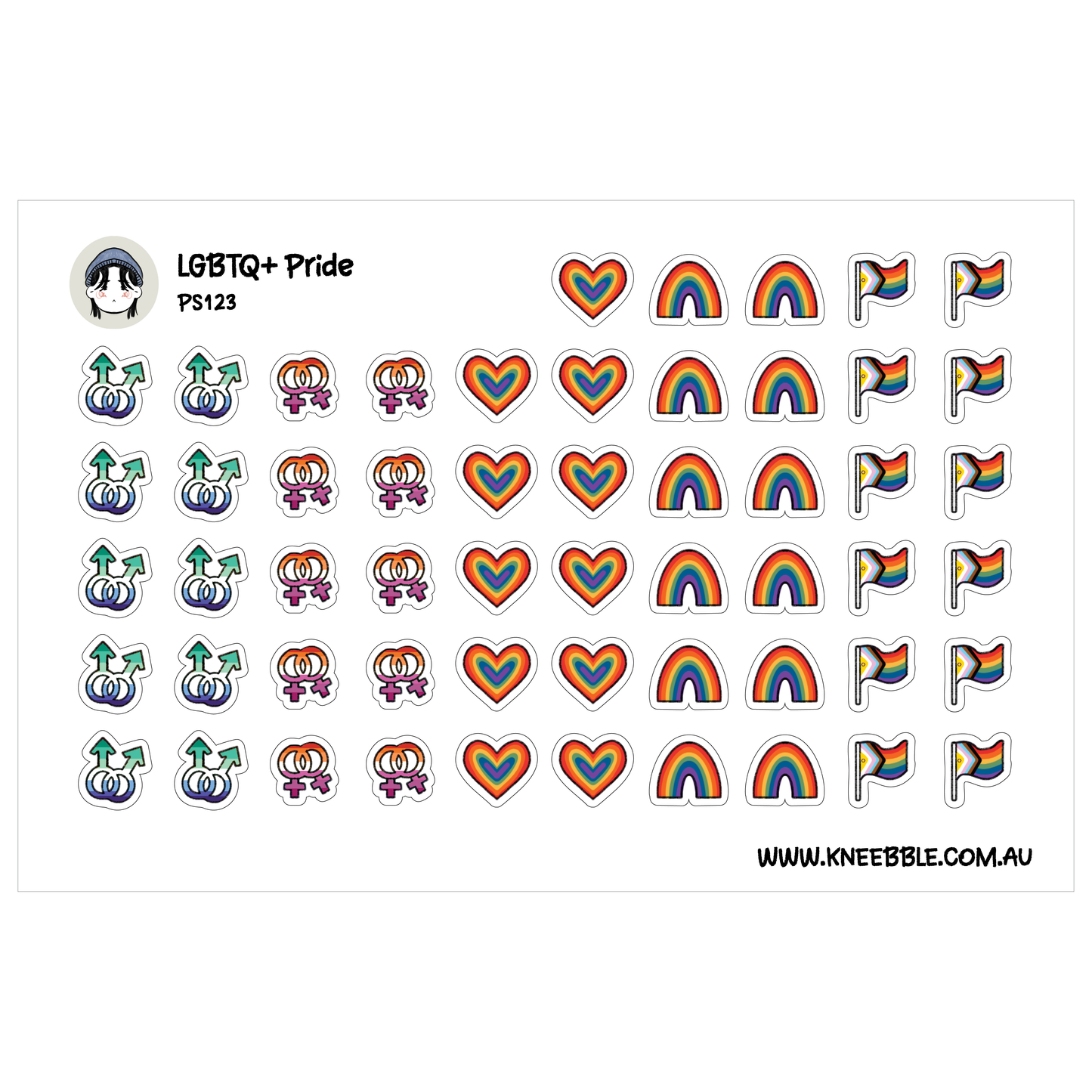 a collection of stickers and icons representing LGBTQ+ pride, including rainbow flags, hearts, and various symbols associated with the LGBTQ+ community.