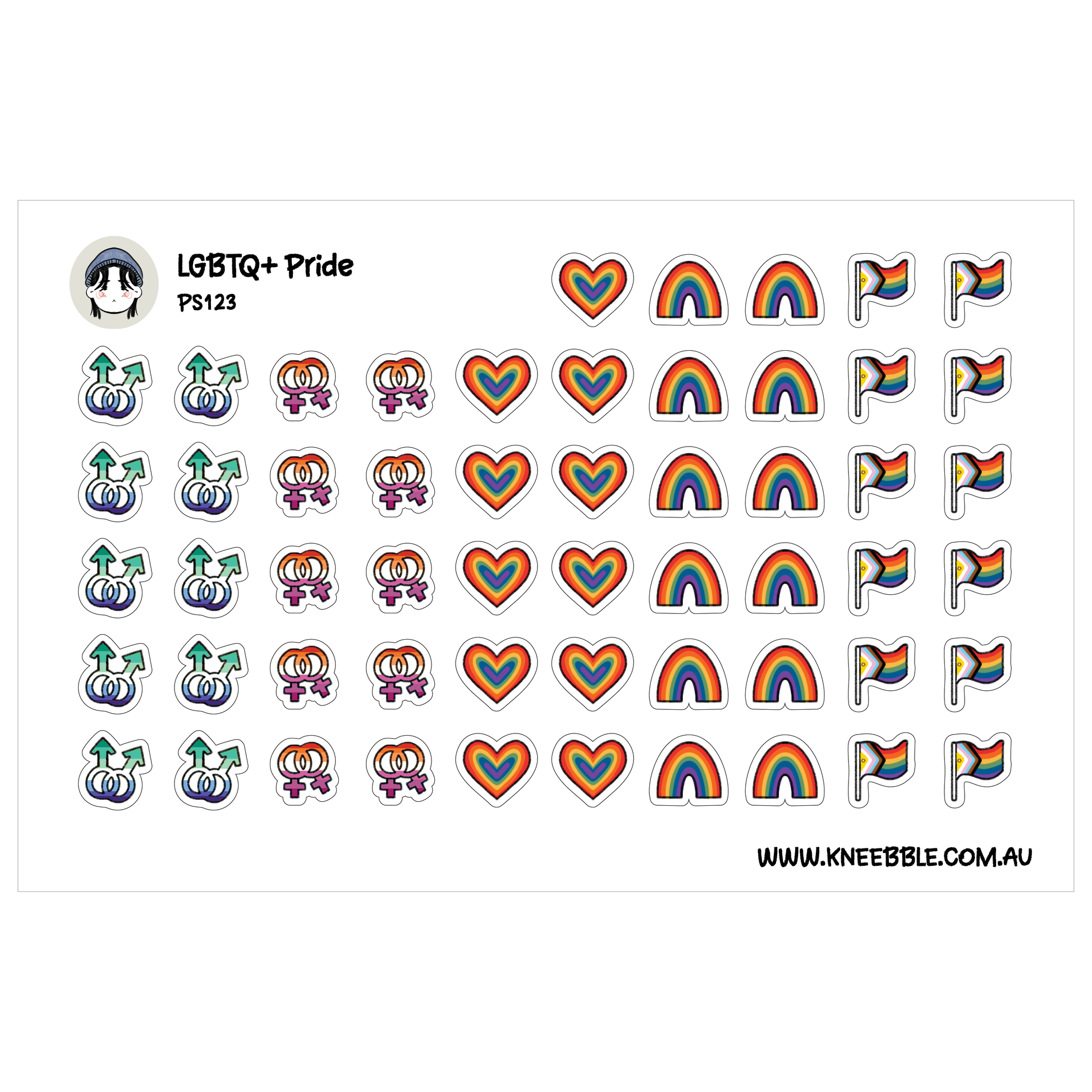 a collection of stickers and icons representing LGBTQ+ pride, including rainbow flags, hearts, and various symbols associated with the LGBTQ+ community.