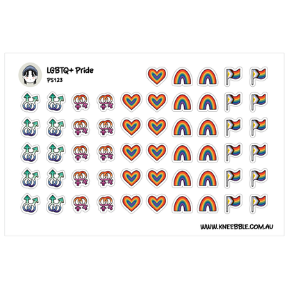 a collection of stickers and icons representing LGBTQ+ pride, including rainbow flags, hearts, and various symbols associated with the LGBTQ+ community.