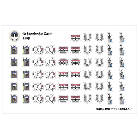 various icons and symbols related to Orthodontic Care, including teeth, braces, retainers, and other dental-related objects.