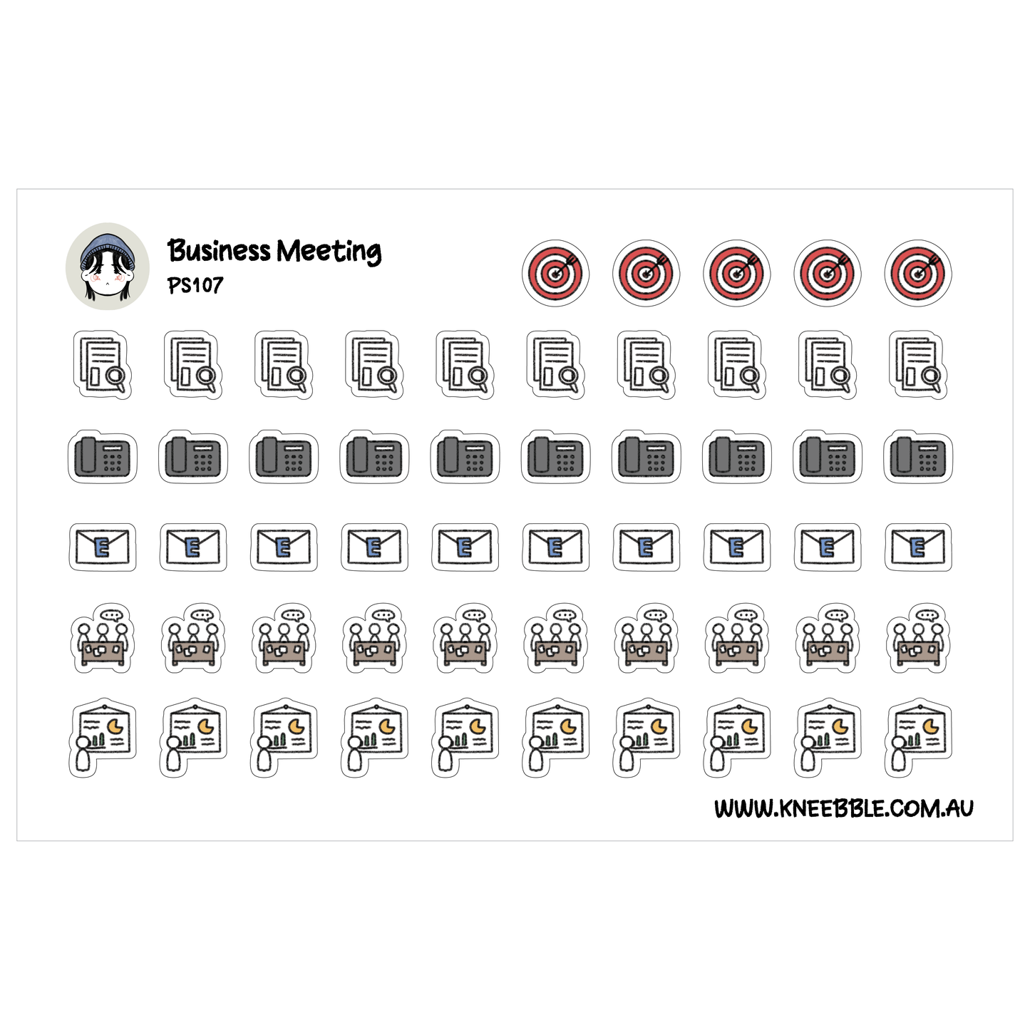 a collection of icons and symbols related to business meetings, including a target, a phone, and various other office-related items.