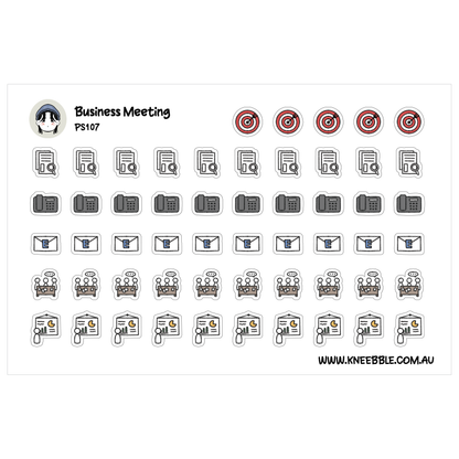 a collection of icons and symbols related to business meetings, including a target, a phone, and various other office-related items.