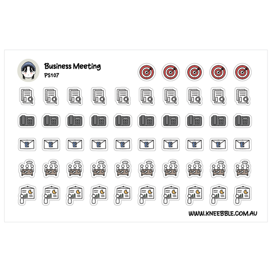 a collection of icons and symbols related to business meetings, including a target, a phone, and various other office-related items.