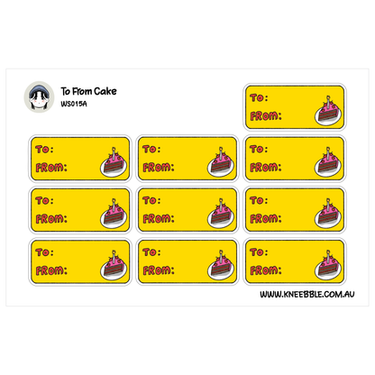 a collection of yellow labels with illustrations of cakes, each labeled with a different recipient's name.