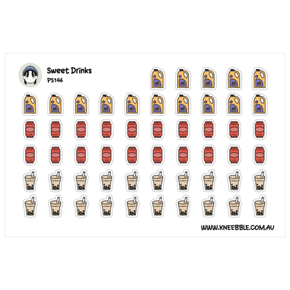 a collection of various sweet drinks, including bottles and cups, arranged in a grid-like pattern.