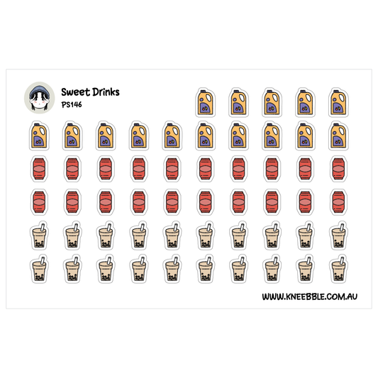 a collection of various sweet drinks, including bottles and cups, arranged in a grid-like pattern.