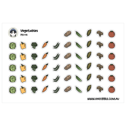 a collection of various vegetables, including carrots, broccoli, potatoes, tomatoes, and mushrooms, arranged in a grid-like pattern.