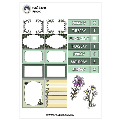 various design elements, including a half-box with a floral border, a list of days of the week, and a sticker with flowers. The image is a collage of different design elements, and it does not contain any text that can be described in fewer than 500 characters.