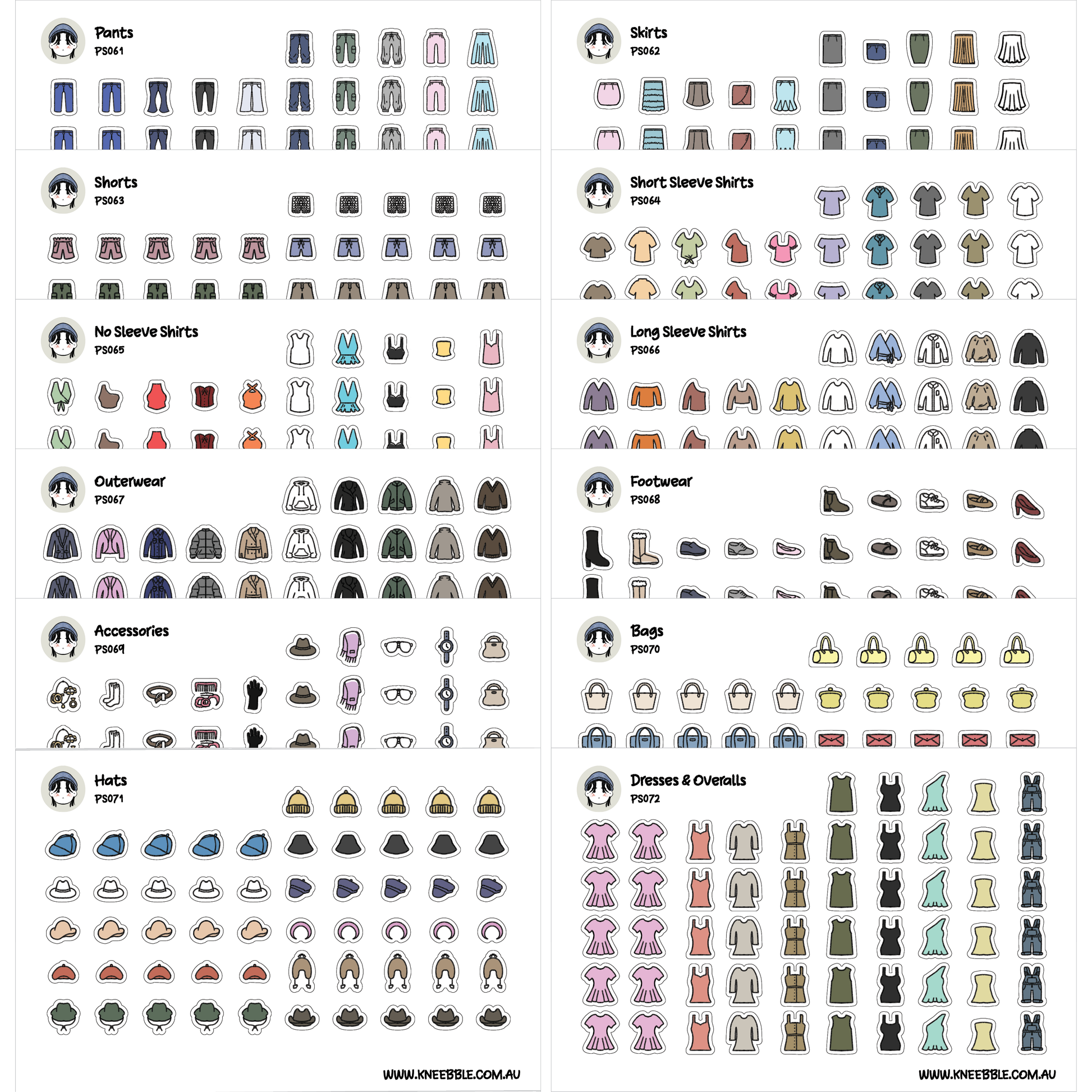 a collection of various clothing items and accessories, including pants, shorts, skirts, long sleeve shirts, long sleeve shirts, outwear, and accessories.