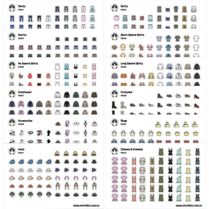 a collection of various clothing items and accessories, including pants, shorts, skirts, long sleeve shirts, long sleeve shirts, outwear, and accessories.