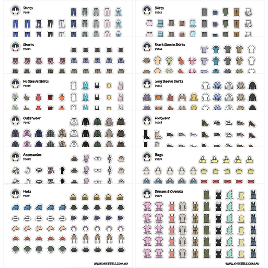 a collection of various clothing items and accessories, including pants, shorts, skirts, long sleeve shirts, long sleeve shirts, outwear, and accessories.