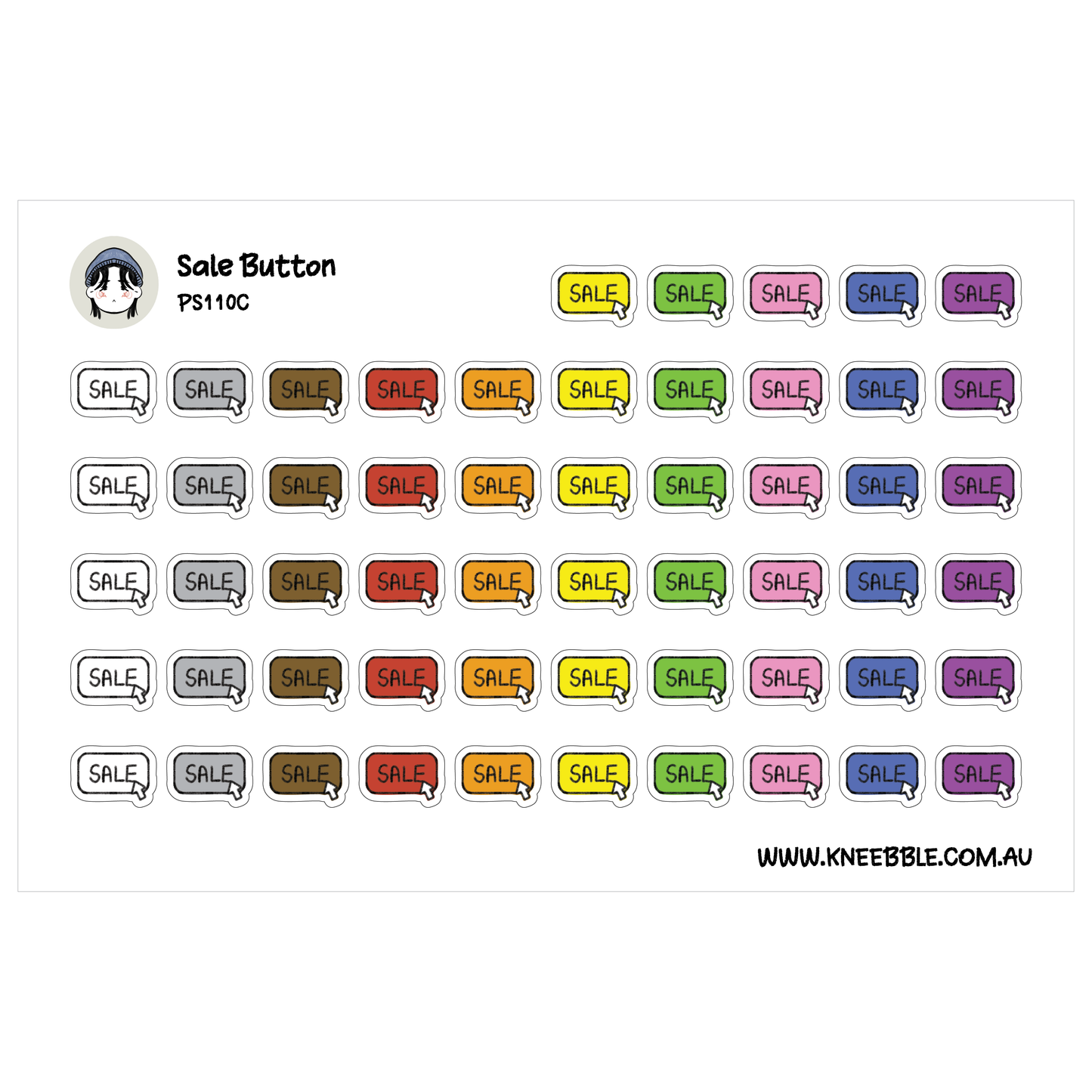 a collection of colorful sale buttons, each with a different color and a sale symbol, arranged in a grid pattern.