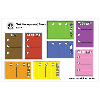 a collection of colorful task management boxes, each with a different purpose, such as a to-do list, reminder, and notes.
