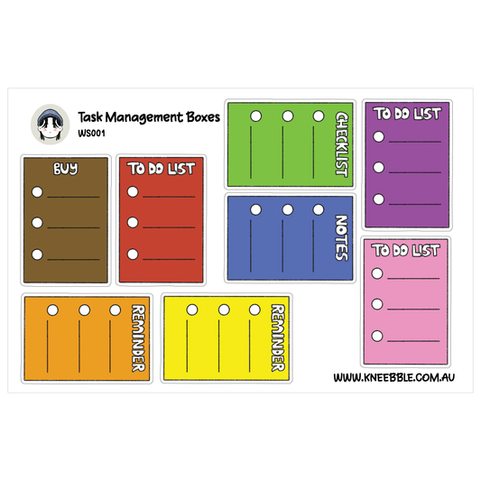 a collection of colorful task management boxes, each with a different purpose, such as a to-do list, reminder, and notes.