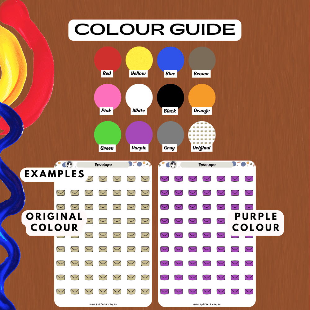 Brown sticker sheet envelope icons colour guide offering many colours such as purple and red.