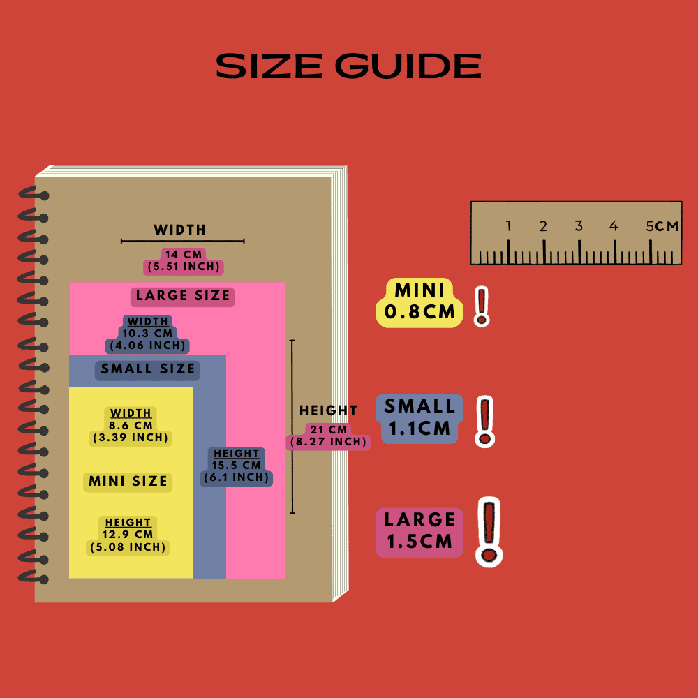 Exclamation mark size guide sticker reference.