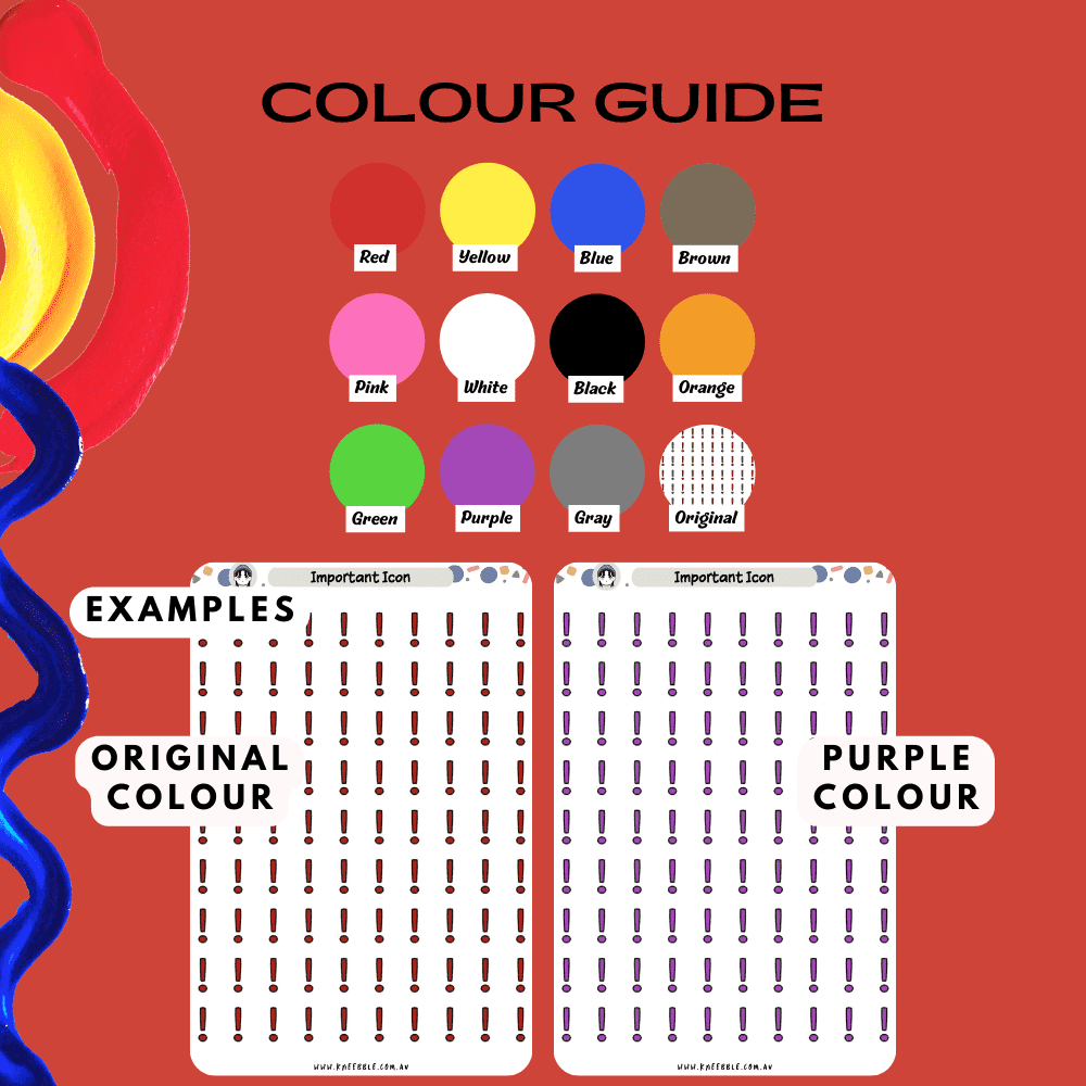 Colour guide options for important icon sticker sheet including red and other colours.