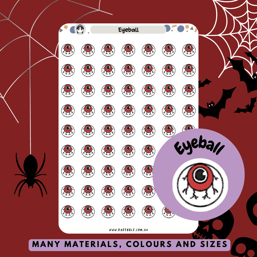 Stickers featuring various eyeball designs, including spooky, creepy, and playful styles, perfect for adding a chilling or whimsical touch to Halloween-themed planners and journals.