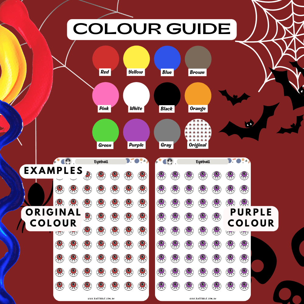 Eyeball sticker sheet colour guide reference, choose from many colours such as red and purple.