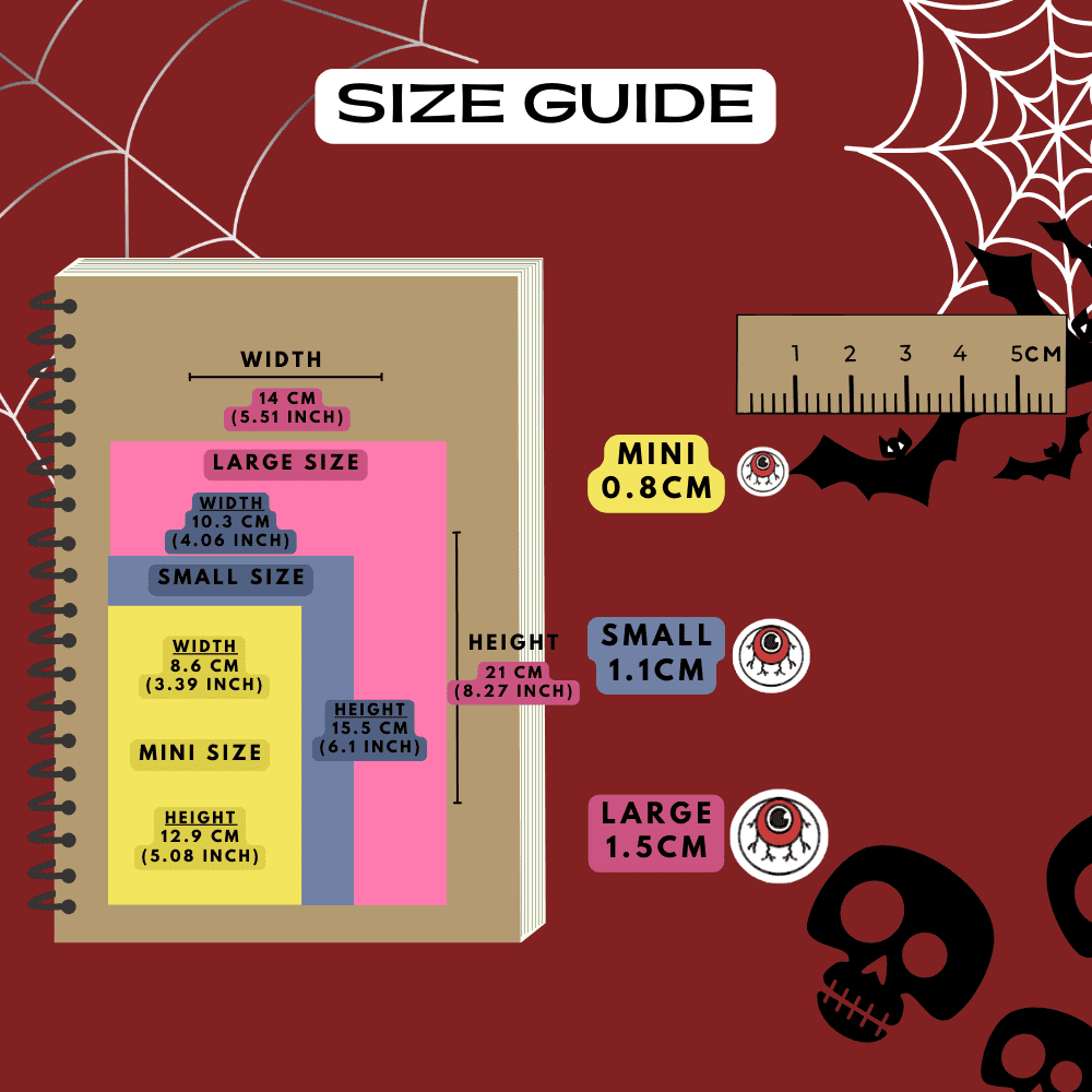 Eyeball spooky icon stickers size guide comparison reference sheet, choose from mini, small and large sizes.