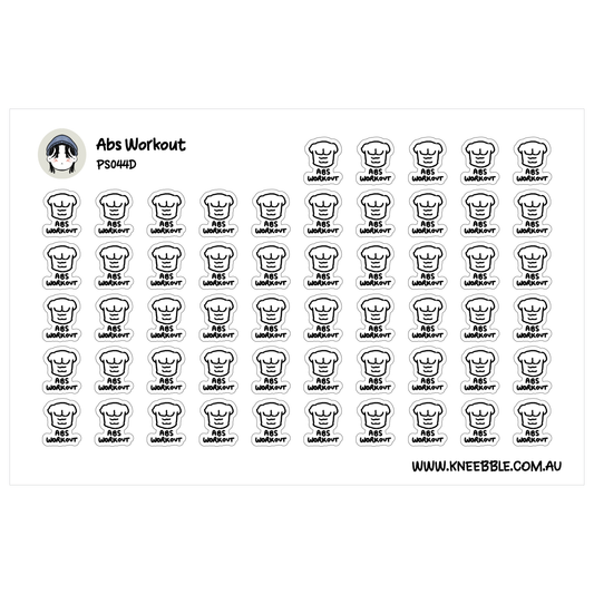 a grid of identical stickers, each featuring a chef's hat and the word "Abs Workout" written below it.