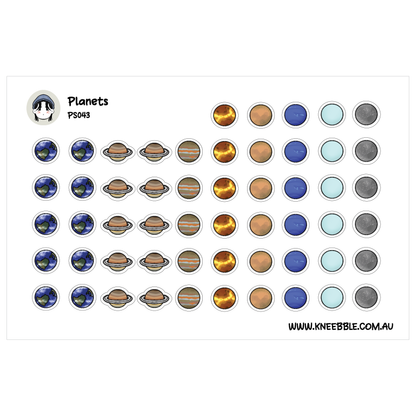 a collection of circular stickers depicting various planets, including Earth, Mars, Venus, and others.