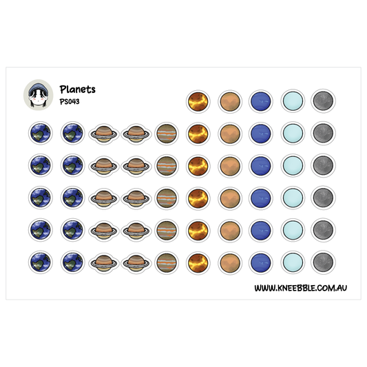 a collection of circular stickers depicting various planets, including Earth, Mars, Venus, and others.