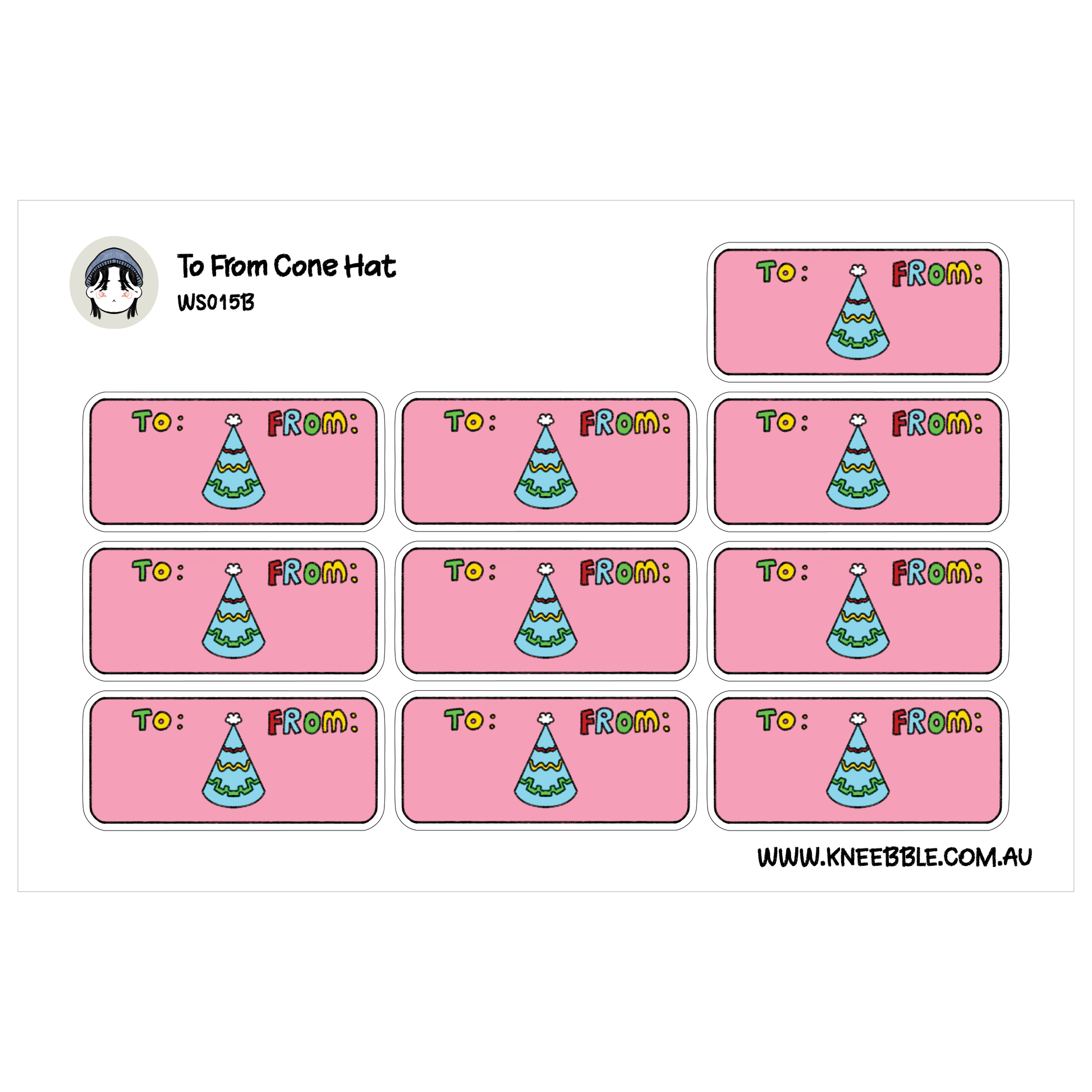 a collection of pink labels with illustrations of cone hats on them. The labels are arranged in a grid format, with each label containing a cone hat and a message. The labels are intended for use as a gift tag or a label for a cone hat.