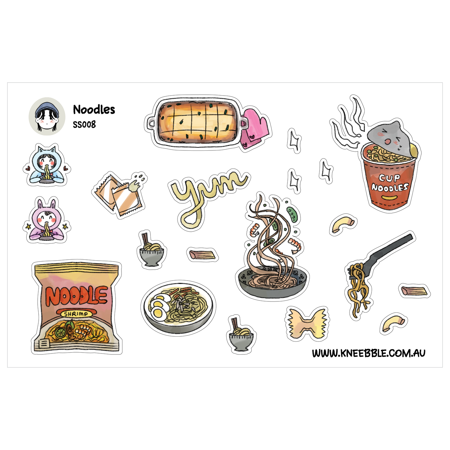 various cartoon-style illustrations of food items, including noodles, a cup of noodles, and other food-related objects.