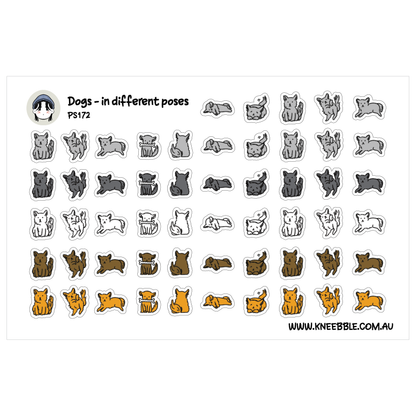 a collection of various cartoon-style dog illustrations in different poses, arranged in a grid format.