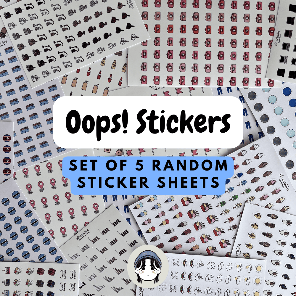The image is a collage of various sticker sheets, with a central text overlay that reads "Oops! Stickers SET OF 5 random sticker sheets".