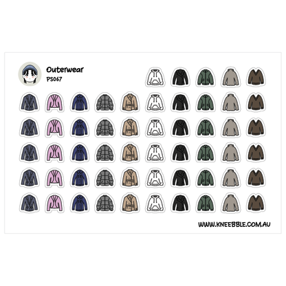 a collection of various colored jackets and coats, arranged in a grid-like pattern.