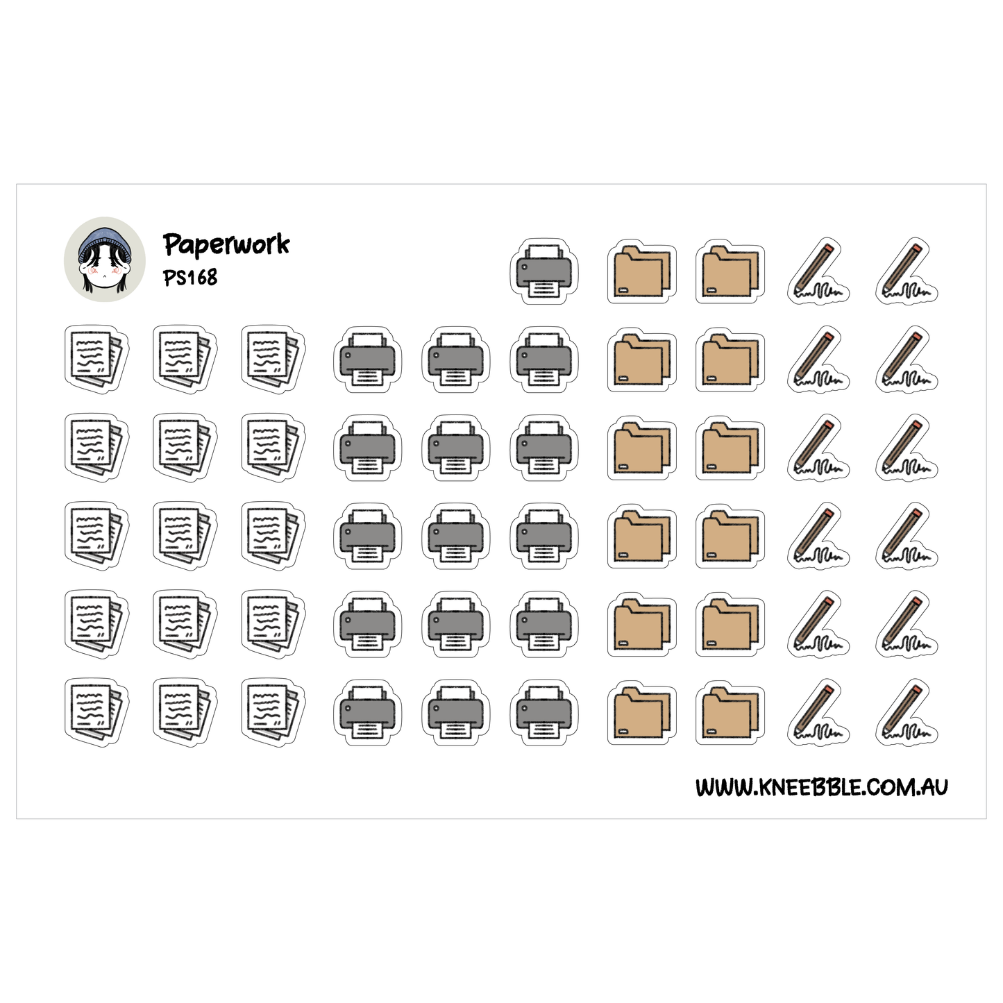 a collection of various icons and symbols related to paperwork and office supplies, including documents, folders, and office equipment such as printers and staplers.