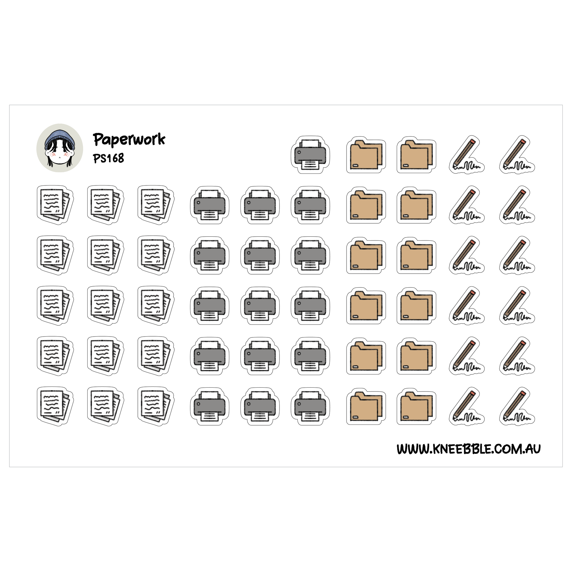 a collection of various icons and symbols related to paperwork and office supplies, including documents, folders, and office equipment such as printers and staplers.
