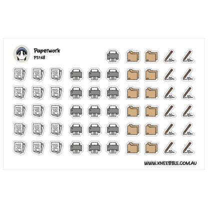 a collection of various icons and symbols related to paperwork and office supplies, including documents, folders, and office equipment such as printers and staplers.