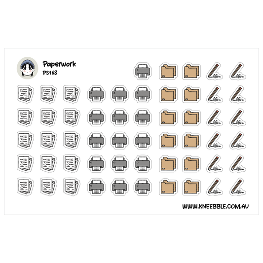 a collection of various icons and symbols related to paperwork and office supplies, including documents, folders, and office equipment such as printers and staplers.