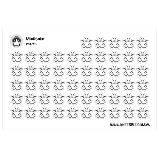 a grid of identical stickers, each depicting a person in a meditative pose. The stickers are arranged in rows and columns, creating a visually organized and repetitive pattern.