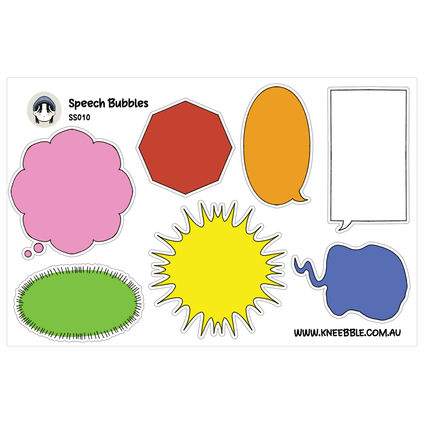 a collection of speech bubbles in various colors and shapes, including a pink cloud, a red octagon, an orange speech bubble, a yellow sunburst, a blue elephant, and a green oval.