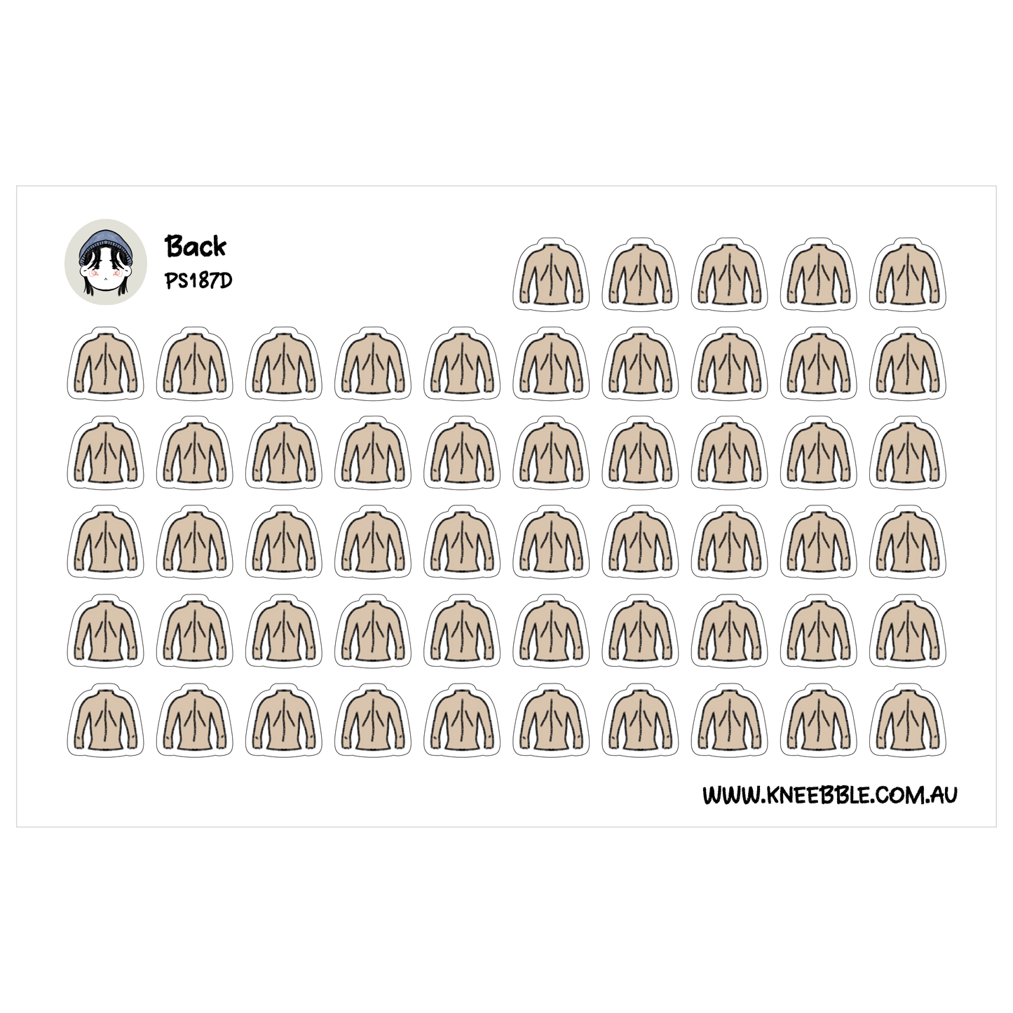 a grid of identical beige-colored stickers, each depicting a person's back. The stickers are arranged in rows and columns, creating a visually organized and repetitive pattern.