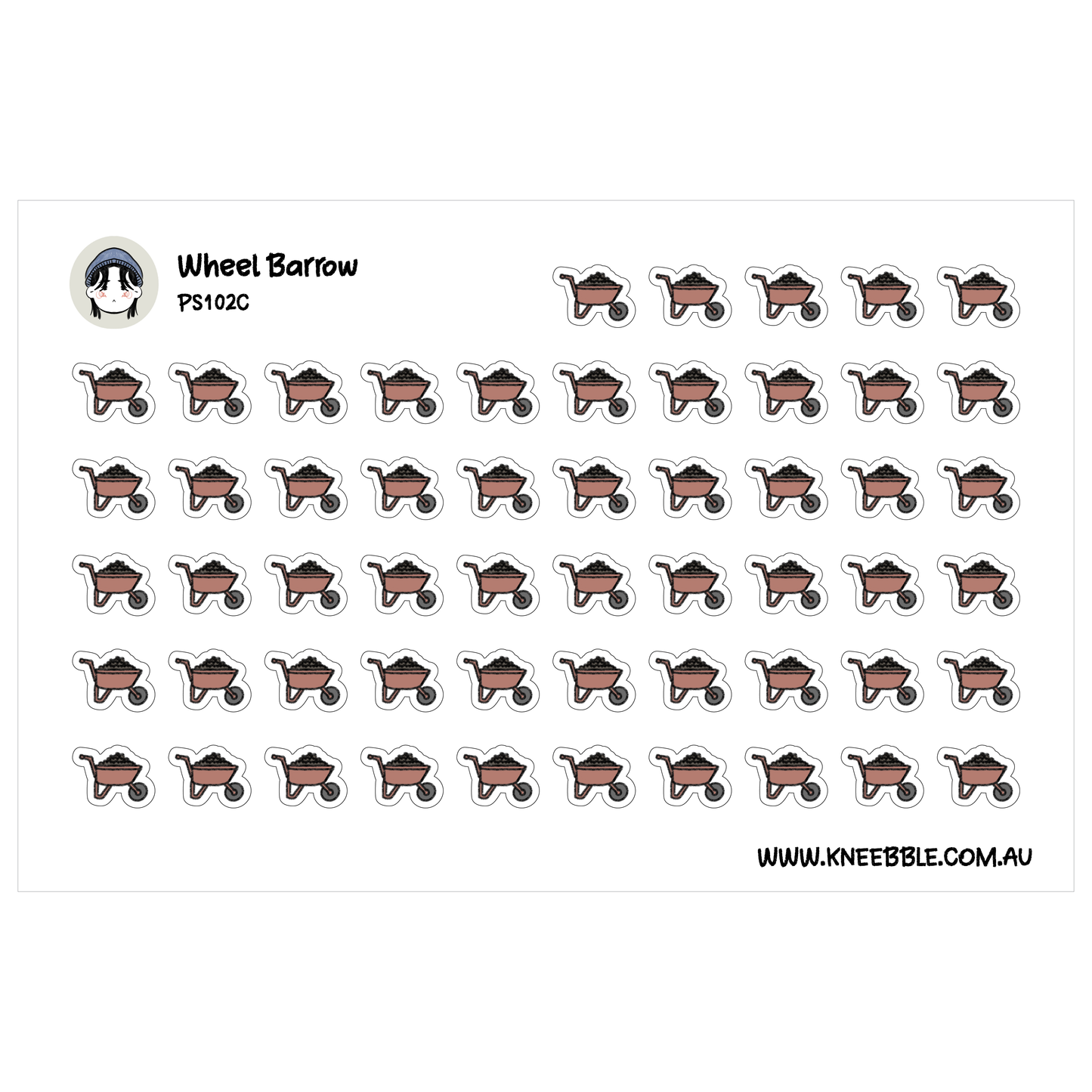 a grid of small, repeating images of wheelbarrows, with the text "Wheel Barrow" and "PS1022C" printed above and below the images.