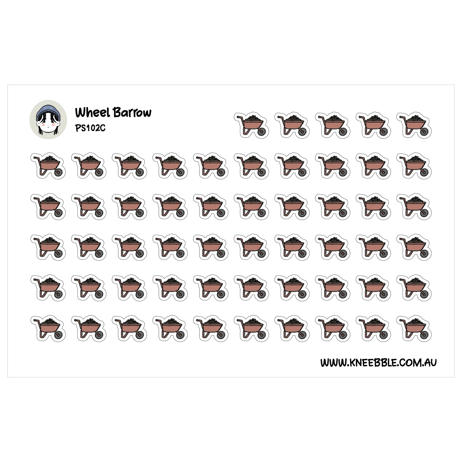 a grid of small, repeating images of wheelbarrows, with the text "Wheel Barrow" and "PS1022C" printed above and below the images.