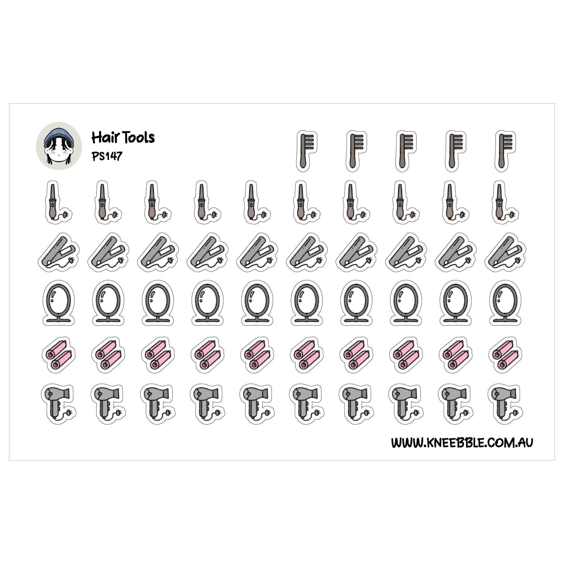 a collection of stylized icons representing various hair tools, including scissors, combs, hair dryers, and mirrors.