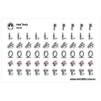 a collection of stylized icons representing various hair tools, including scissors, combs, hair dryers, and mirrors.