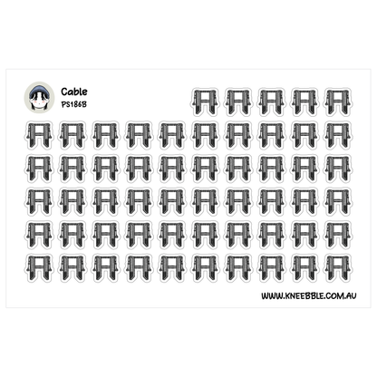 a grid of black and white stickers, each depicting a cable. The stickers are arranged in rows and columns, creating a visually organized and repetitive pattern.