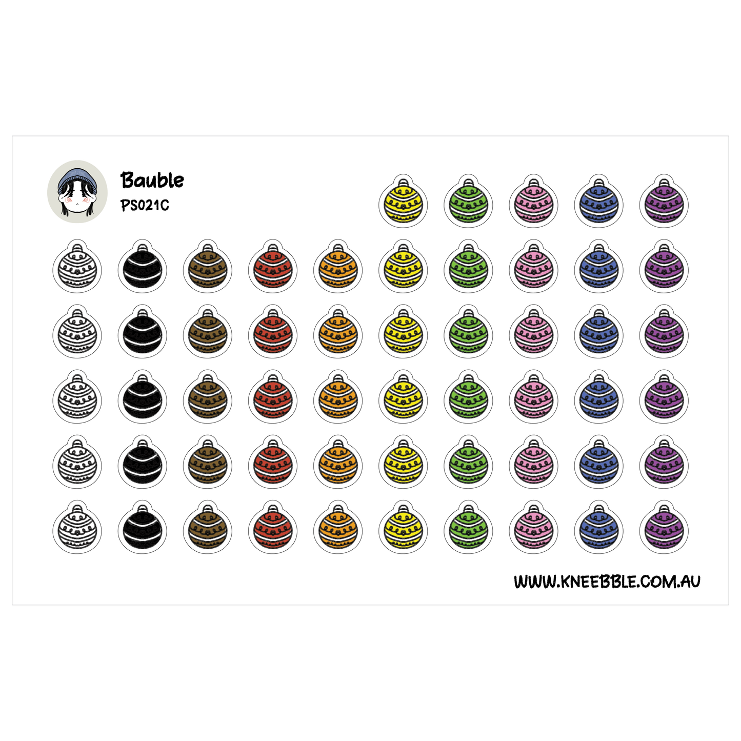 a grid of various colored Christmas ornaments, including black, red, yellow, green, and purple ornaments.