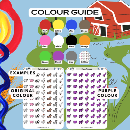 Farm animal sticker sheet planner stickers colour guide reference, choose from many colours such as purple and red.